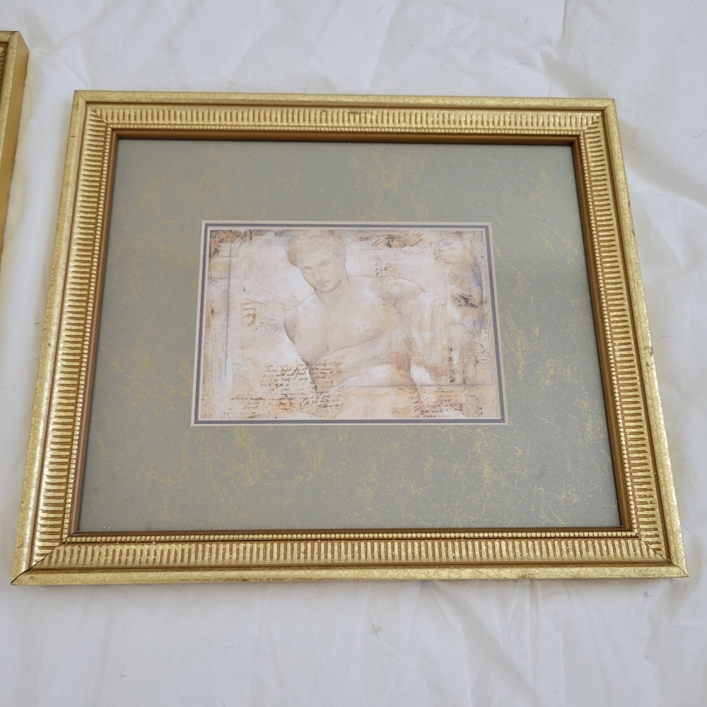 Gold and sage green picture frame with art print of male sketch